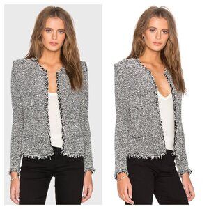 IRO Azure Fringe Blazer Jacket Open Front in Tweed Black and White Women's 38 M